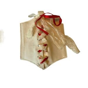 White & Red Ribbon and Lace Stretch Corset 4.5" Wide Belt SIZE L